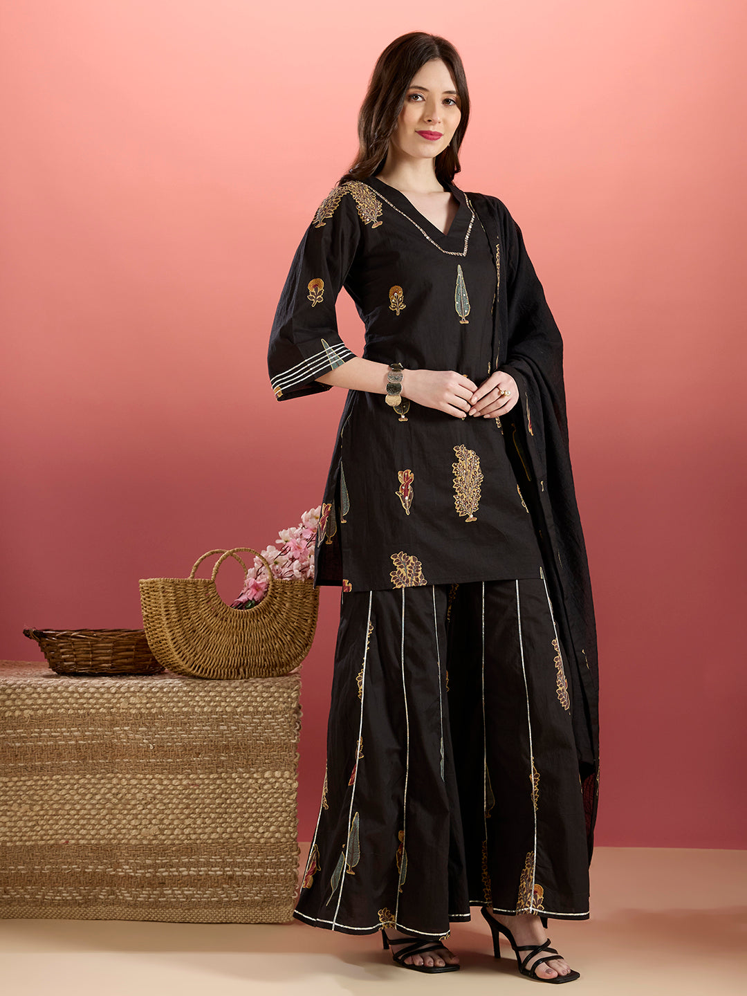 Ethnic Embroidered Printed Straight Kurta with Sharara and Dupatta - Black