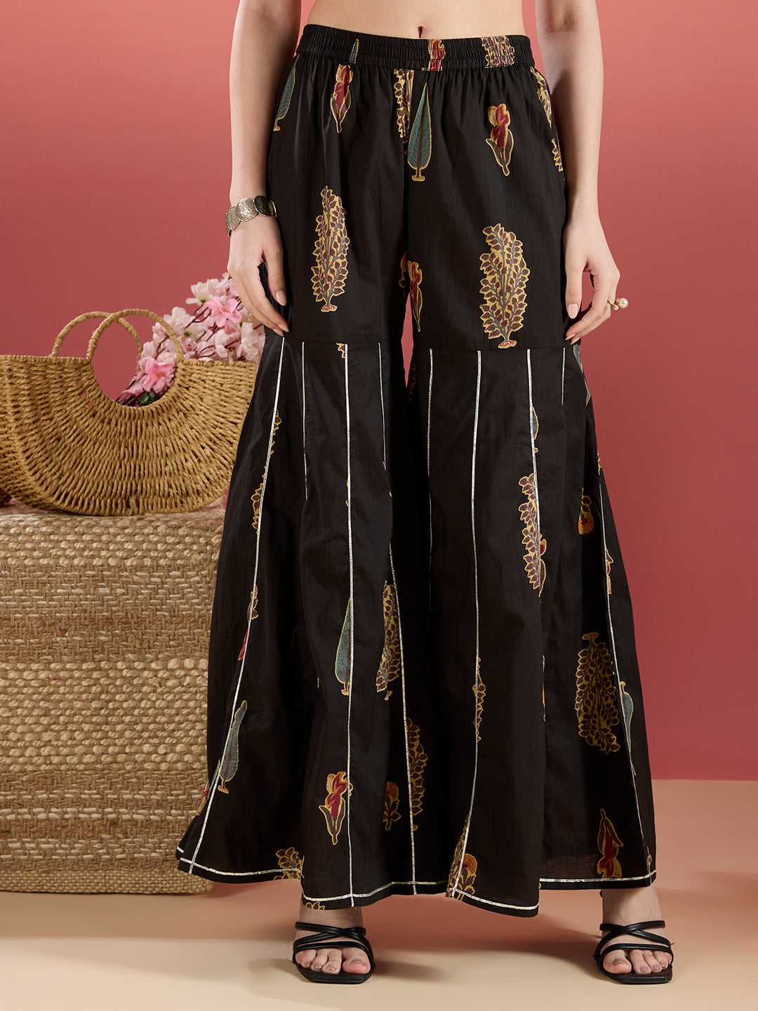 Ethnic Embroidered Printed Straight Kurta with Sharara and Dupatta - Black