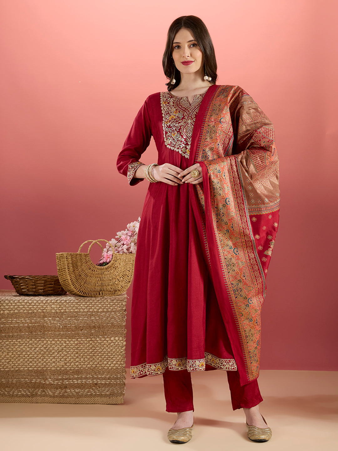 Solid Floral Embroidered Anarkali Kurta with Pant & Printed Dupatta - Maroon