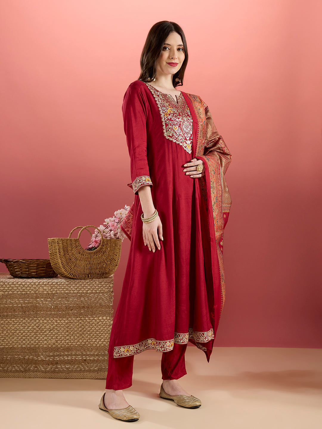 Solid Floral Embroidered Anarkali Kurta with Pant & Printed Dupatta - Maroon