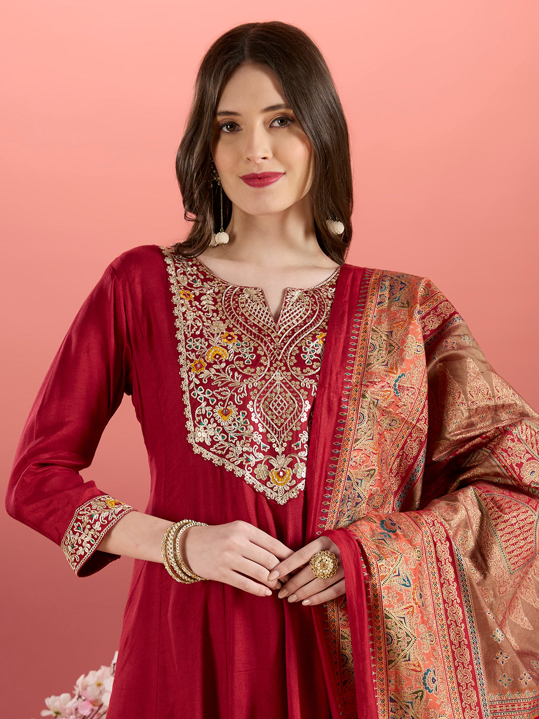 Solid Floral Embroidered Anarkali Kurta with Pant & Printed Dupatta - Maroon