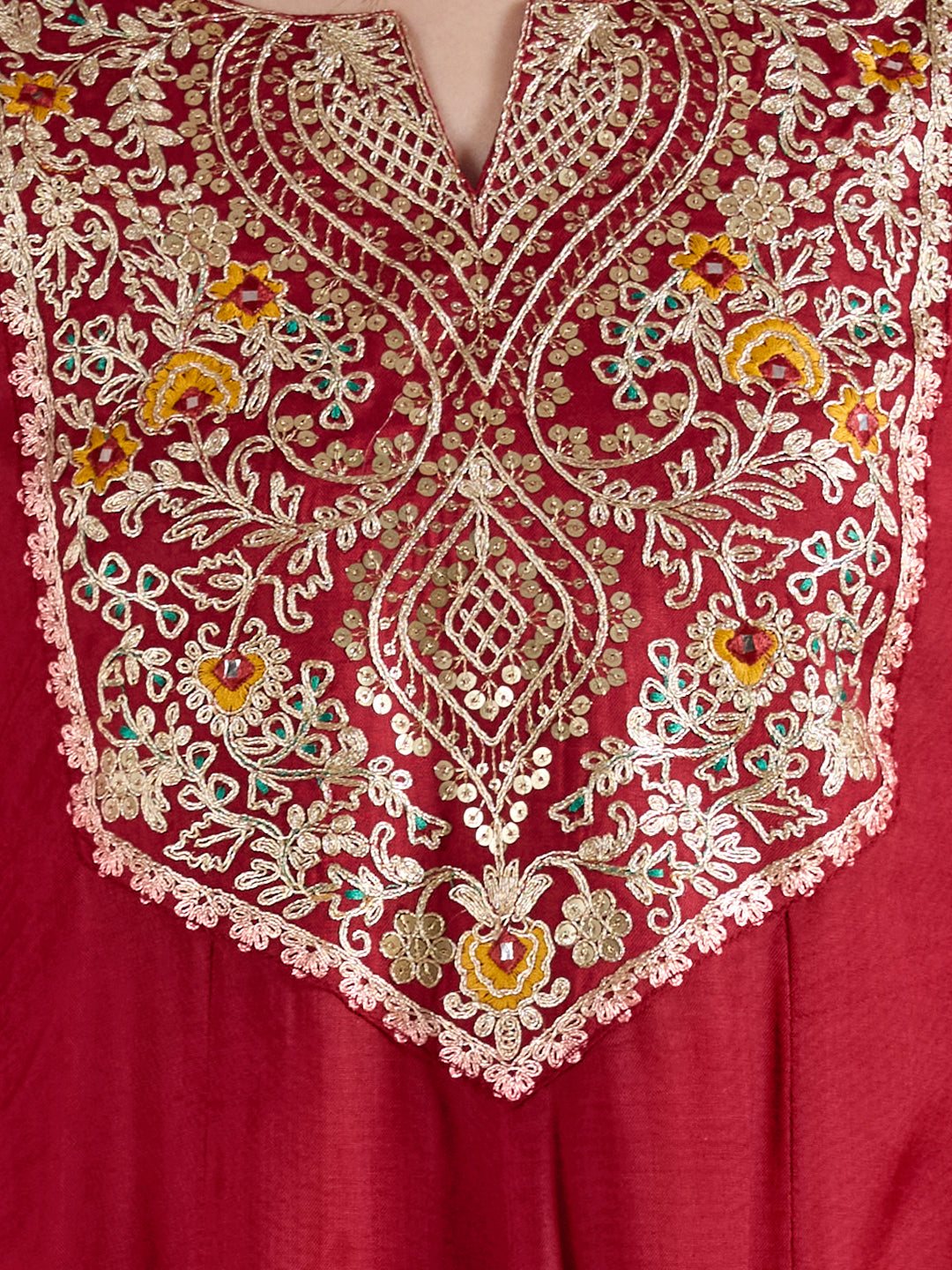 Solid Floral Embroidered Anarkali Kurta with Pant & Printed Dupatta - Maroon