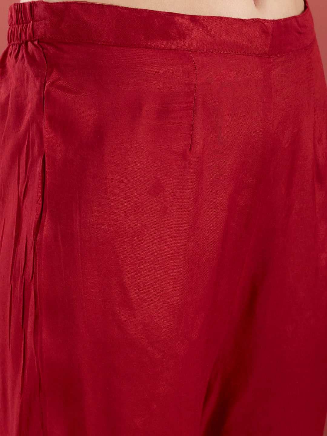 Solid Floral Embroidered Anarkali Kurta with Pant & Printed Dupatta - Maroon