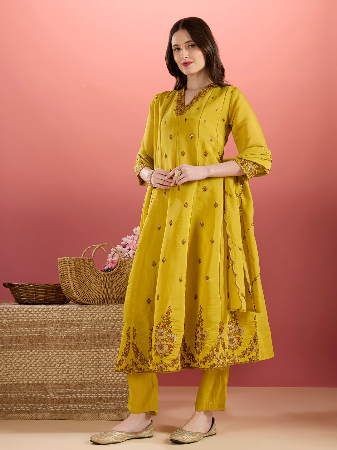 Festive Zari Embroidered Anarkali & Kurta with Pant and Dupatta - Yellow
