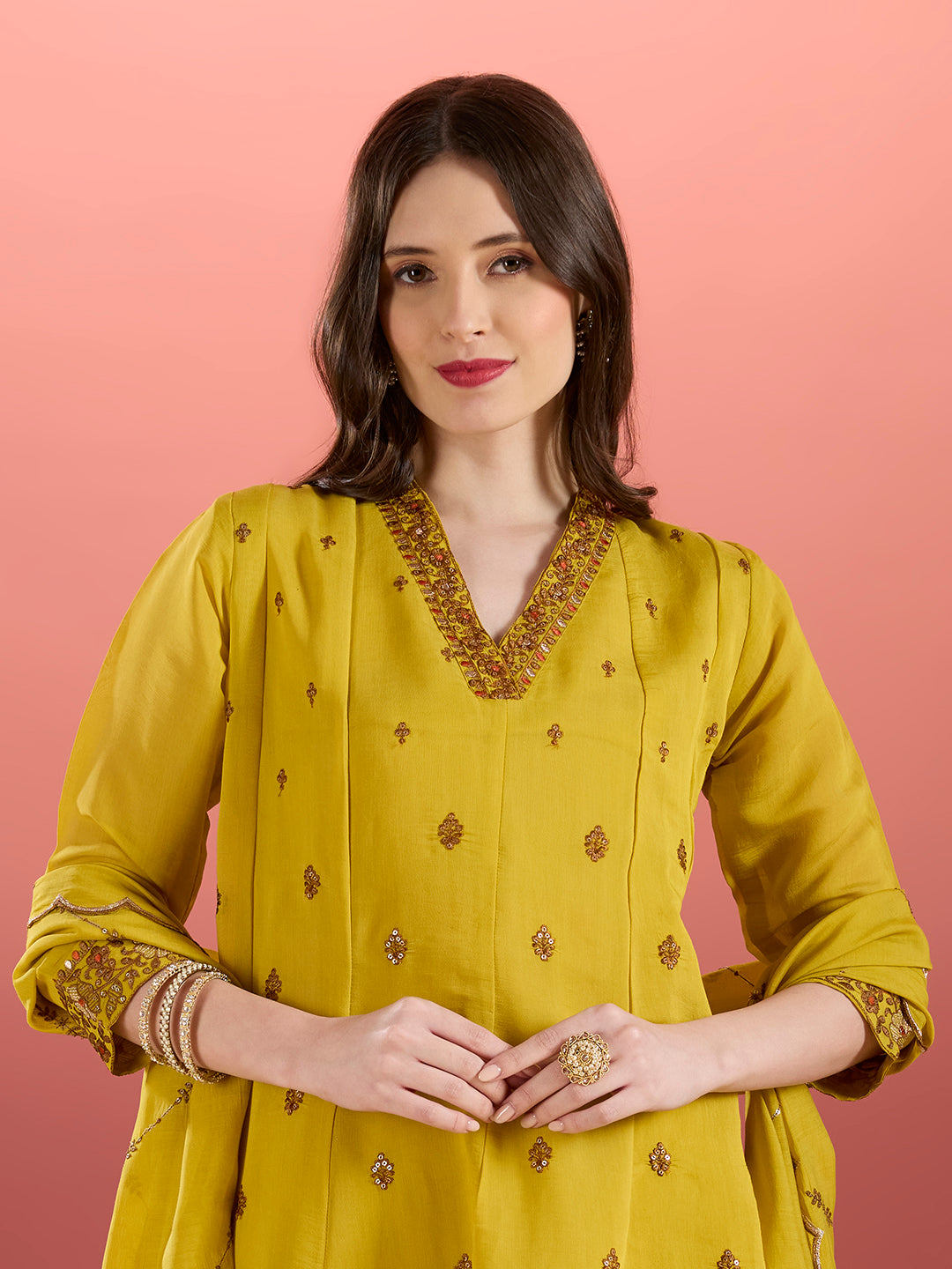 Festive Zari Embroidered Anarkali & Kurta with Pant and Dupatta - Yellow