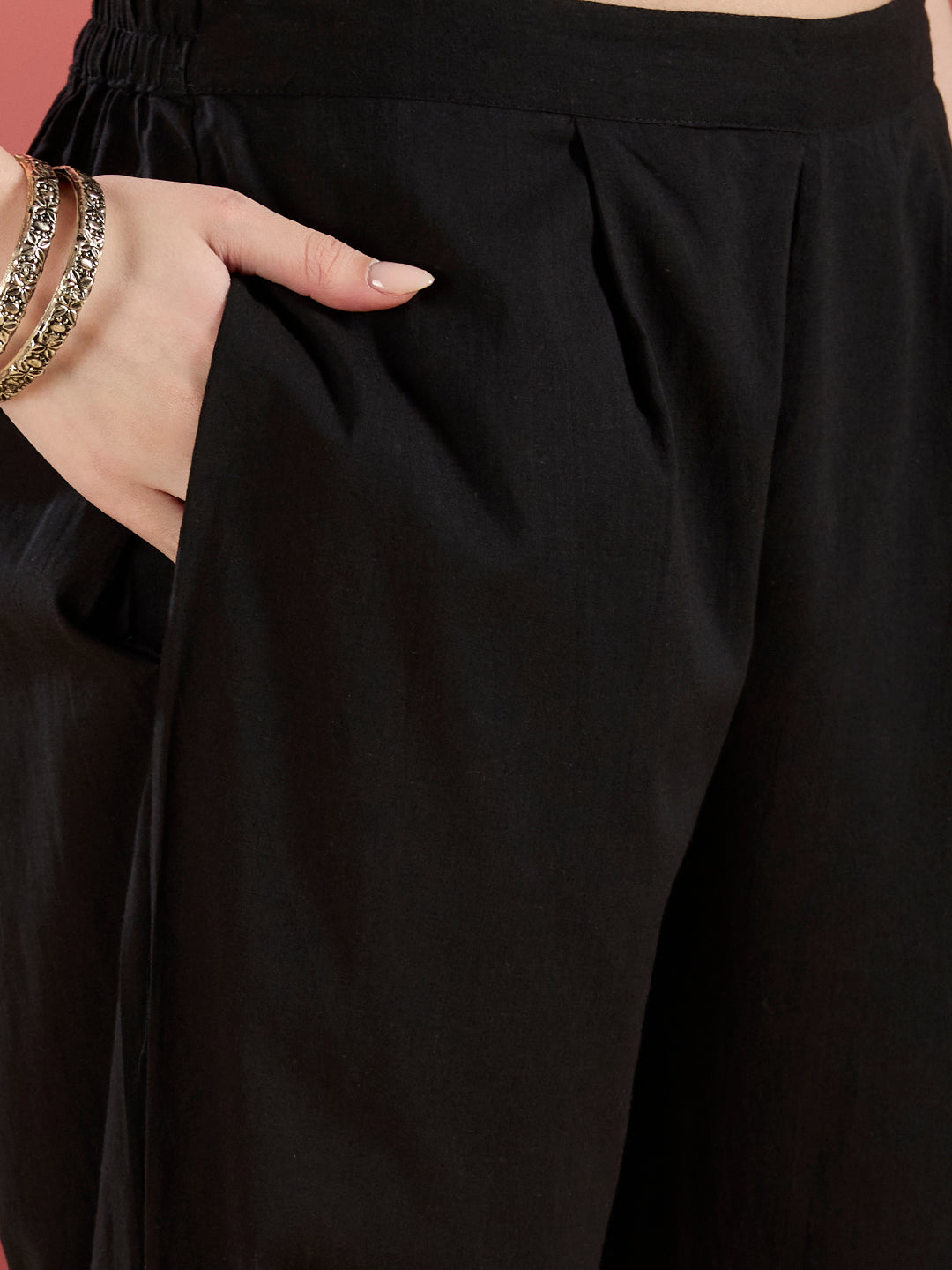 Stripes & Floral Printed Straight Kurta with Pant & Dupatta - Black
