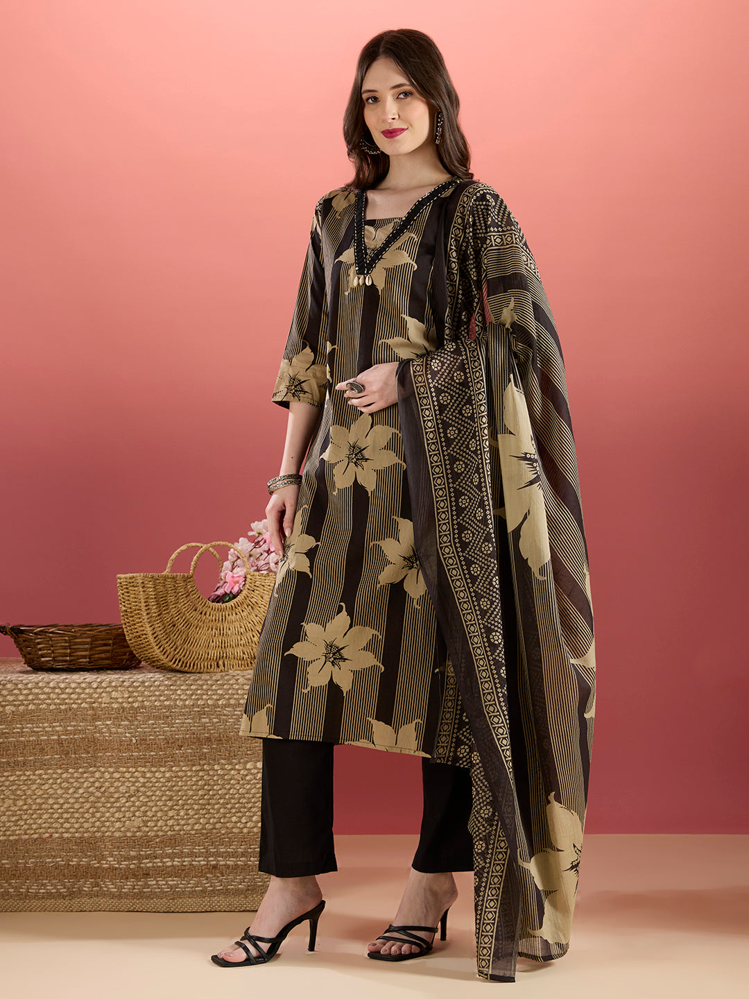 Stripes & Floral Printed Straight Kurta with Pant & Dupatta - Black