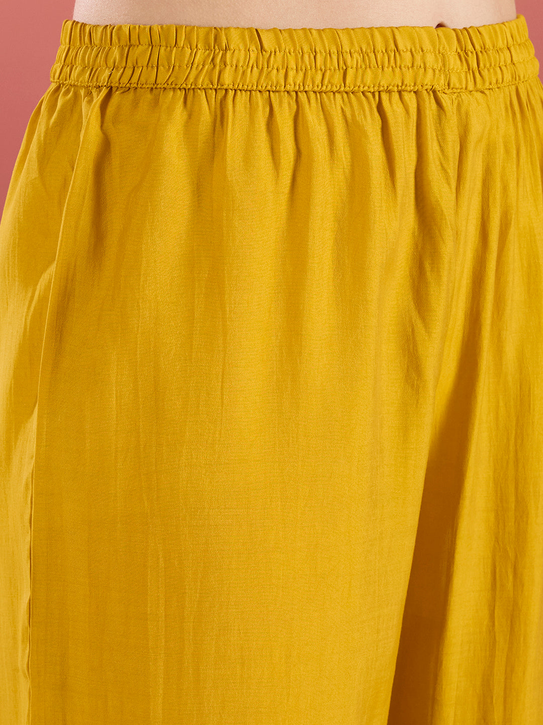 Solid Floral Embroidered A-Line Kurta with Palazzo and Dupatta - Mustard