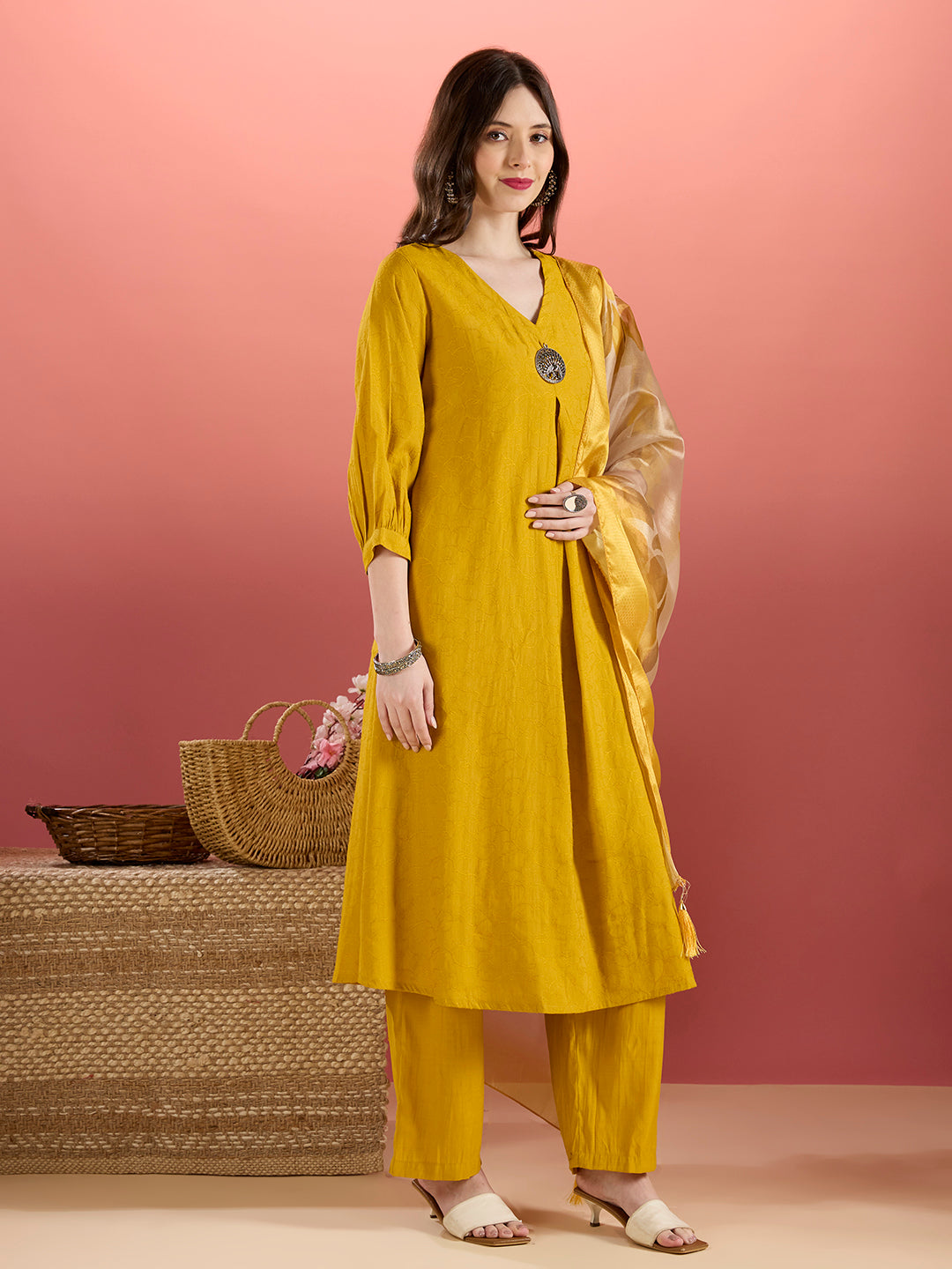 Solid Floral Embroidered A-Line Kurta with Palazzo and Dupatta - Mustard