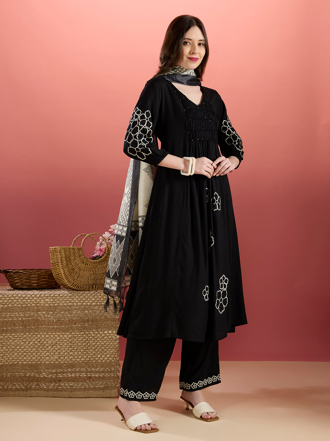 Floral Embroidered A-Line Pleated Kurta with Palazzo & Dupatta - Black