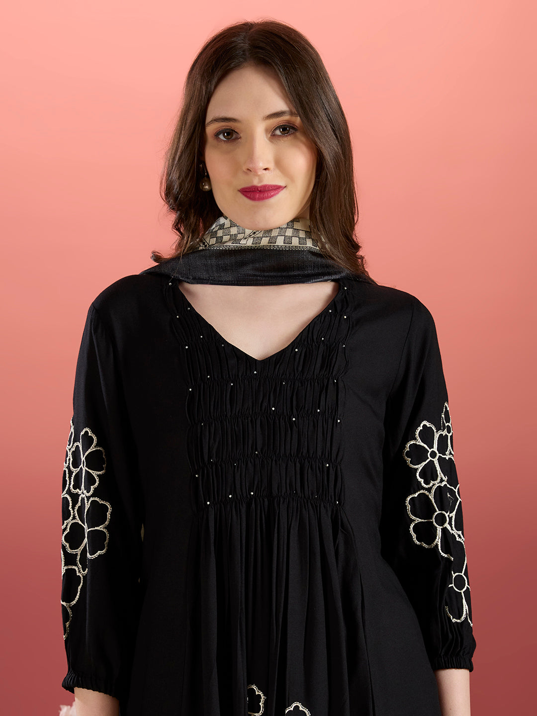 Floral Embroidered A-Line Pleated Kurta with Palazzo & Dupatta - Black