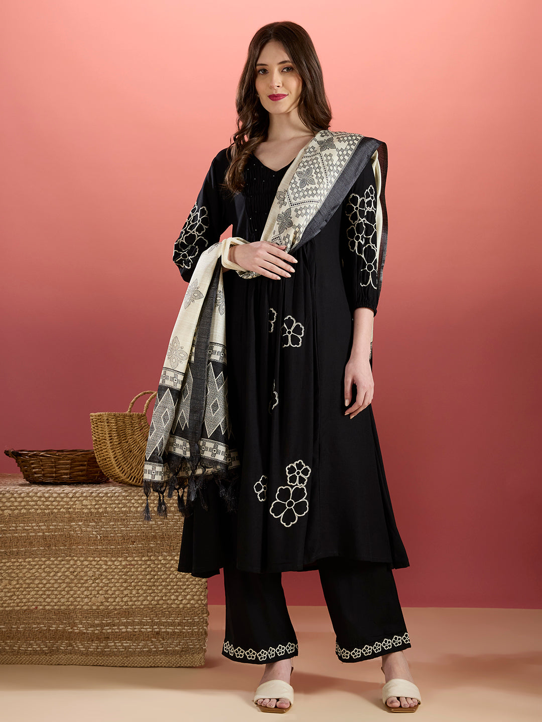 Floral Embroidered A-Line Pleated Kurta with Palazzo & Dupatta - Black