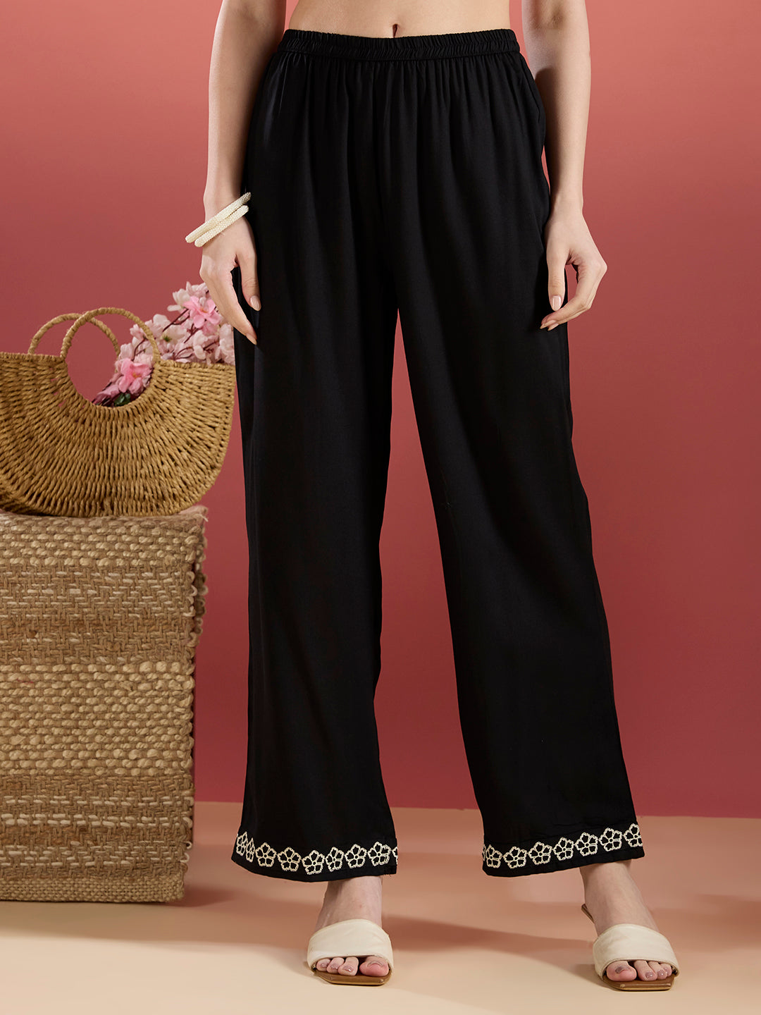 Floral Embroidered A-Line Pleated Kurta with Palazzo & Dupatta - Black