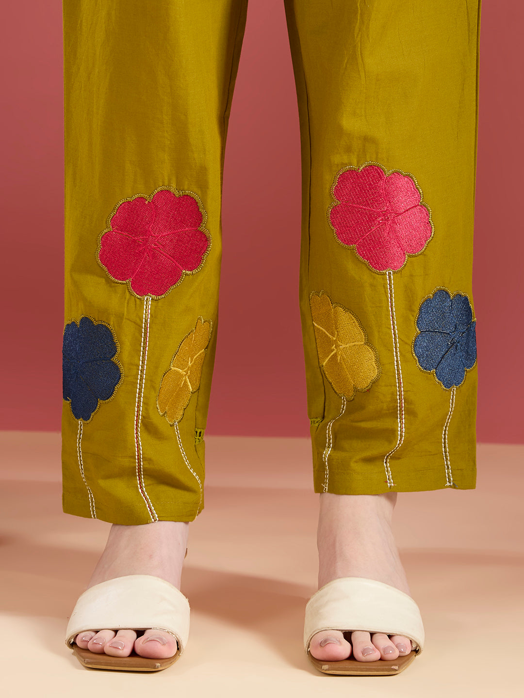 Solid Schiffli Floral Embroidered Straight Kurta with Pant & Dupatta - Lime Green