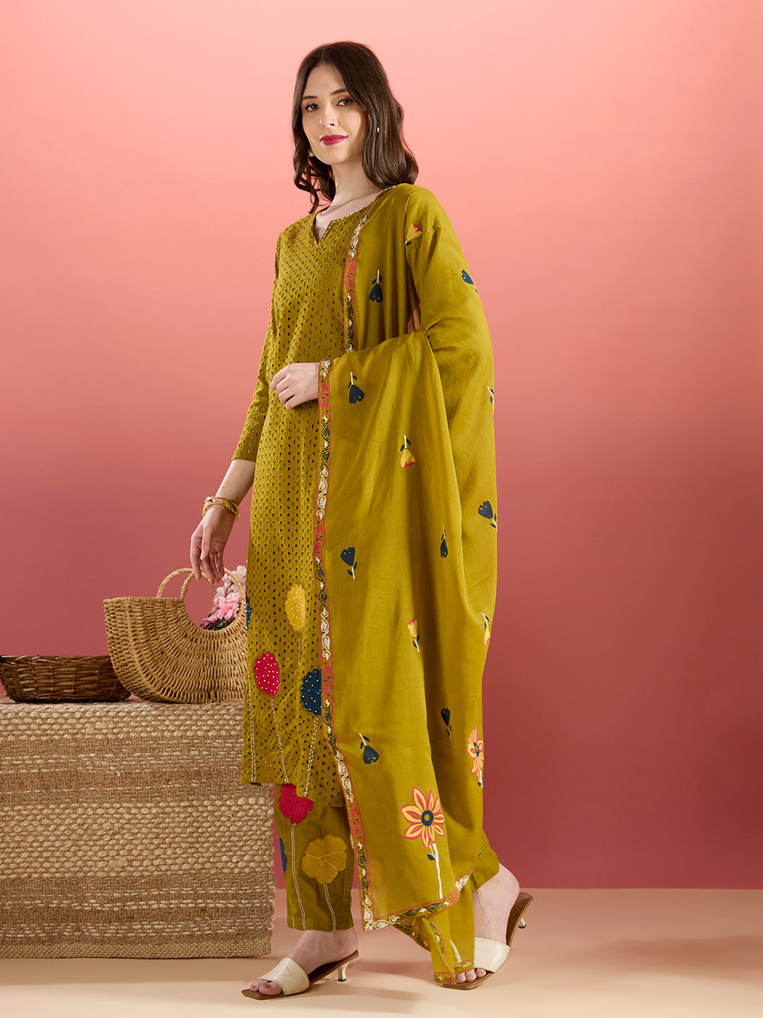 Solid Schiffli Floral Embroidered Straight Kurta with Pant & Dupatta - Lime Green
