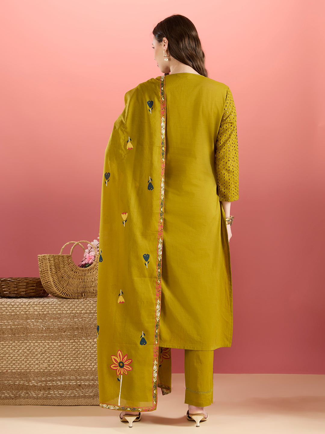 Solid Schiffli Floral Embroidered Straight Kurta with Pant & Dupatta - Lime Green