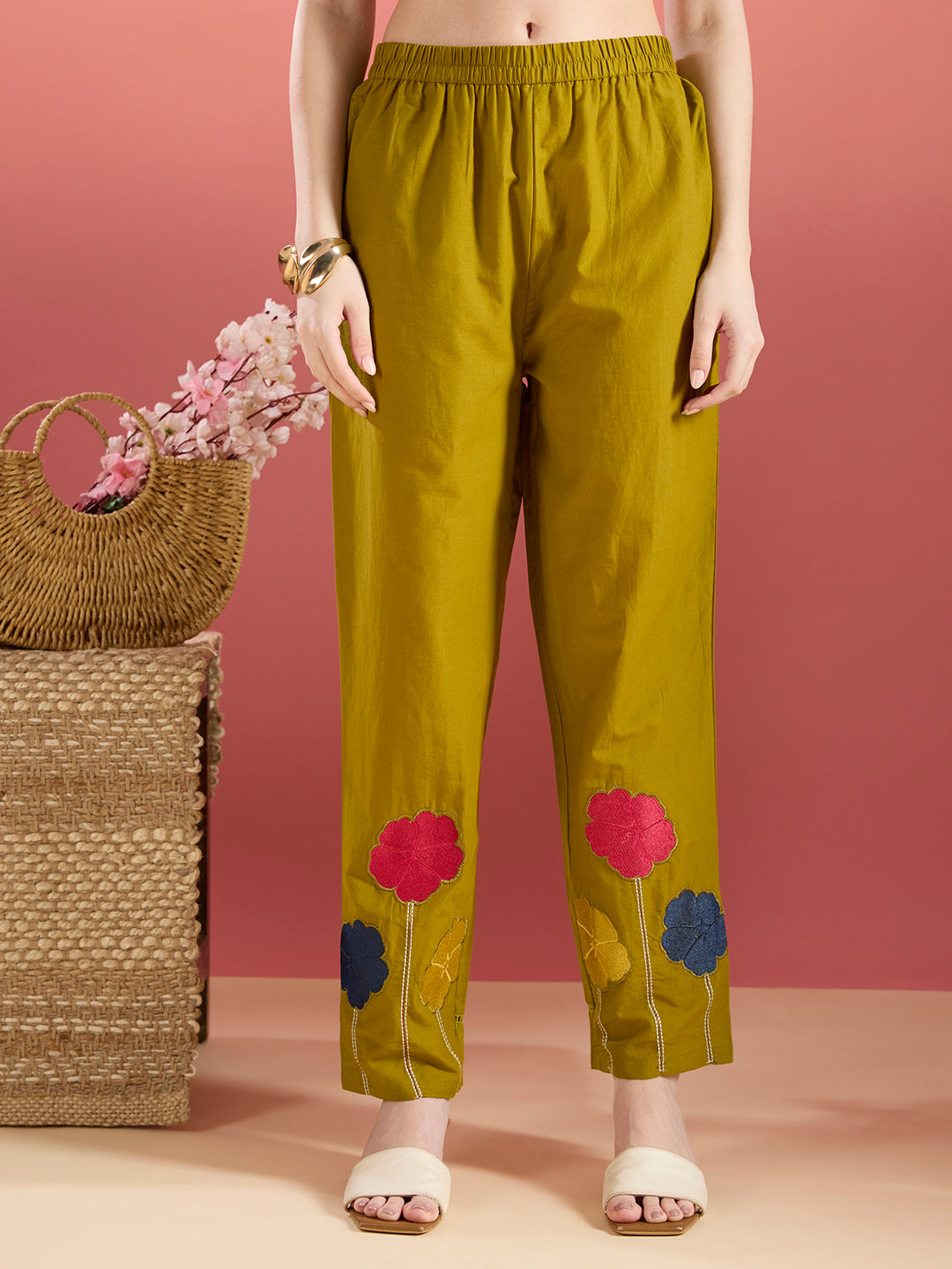Solid Schiffli Floral Embroidered Straight Kurta with Pant & Dupatta - Lime Green