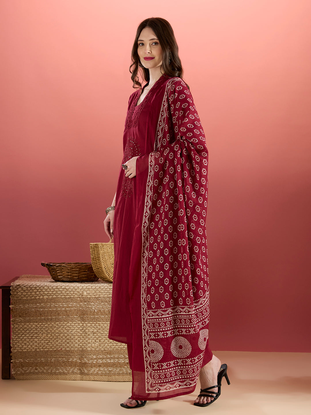Solid Mirror Embroidered A-Line Kurta with Palazzo & Dupatta - Burgundy