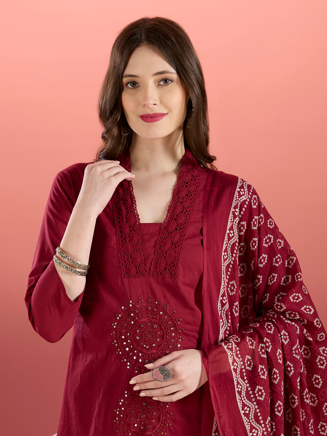 Solid Mirror Embroidered A-Line Kurta with Palazzo & Dupatta - Burgundy
