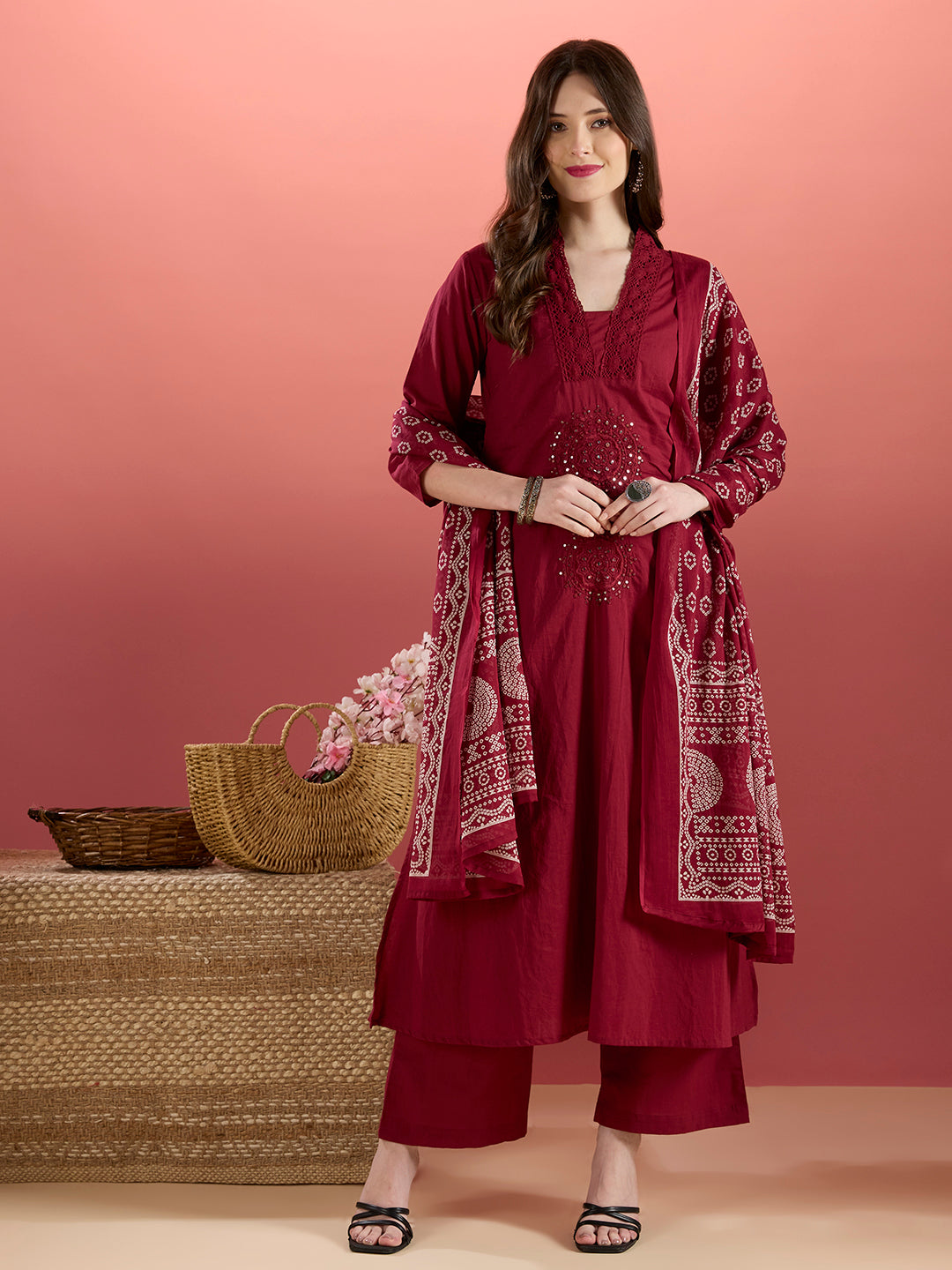 Solid Mirror Embroidered A-Line Kurta with Palazzo & Dupatta - Burgundy