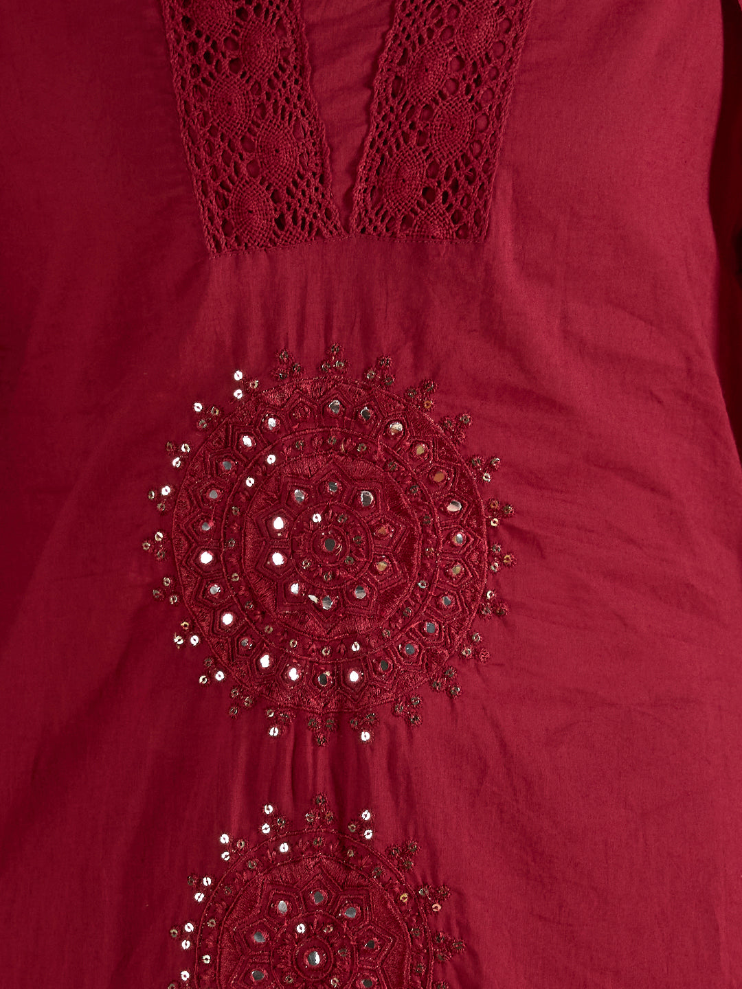 Solid Mirror Embroidered A-Line Kurta with Palazzo & Dupatta - Burgundy