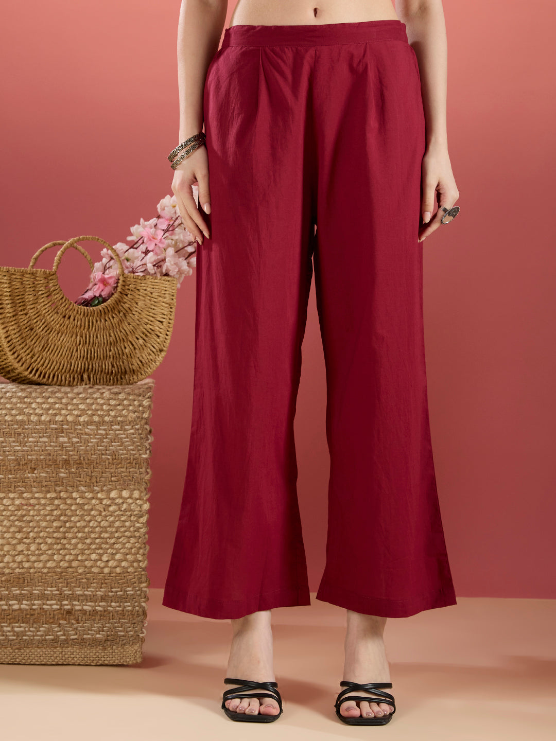 Solid Mirror Embroidered A-Line Kurta with Palazzo & Dupatta - Burgundy