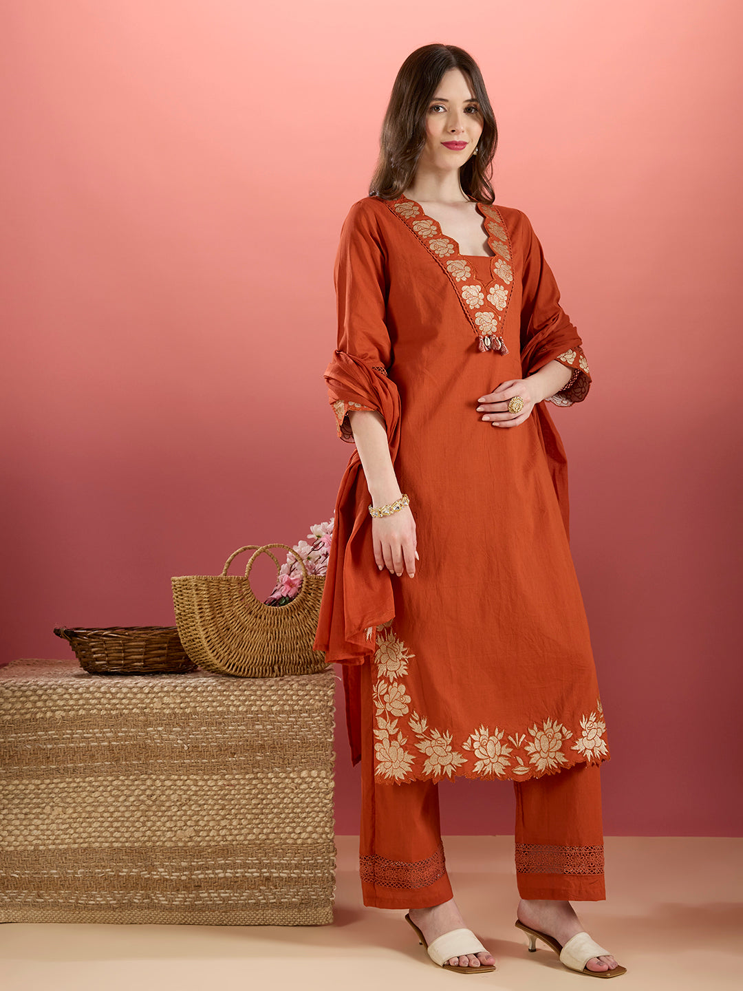 Solid Floral Embroidered Straight Kurta with Palazzo & Dupatta - Rust