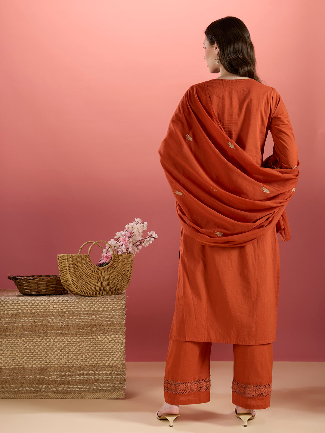 Solid Floral Embroidered Straight Kurta with Palazzo & Dupatta - Rust