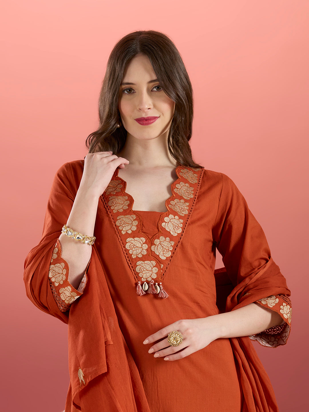 Solid Floral Embroidered Straight Kurta with Palazzo & Dupatta - Rust