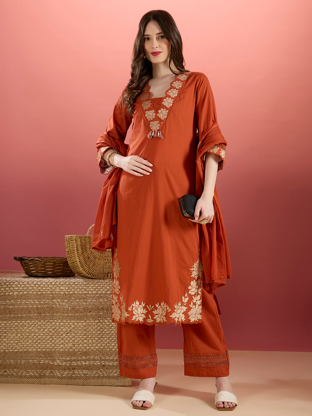 Solid Floral Embroidered Straight Kurta with Palazzo & Dupatta - Rust