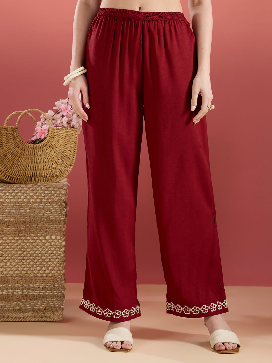 Floral Embroidered A-Line Pleated Kurta with Palazzo & Dupatta - Maroon