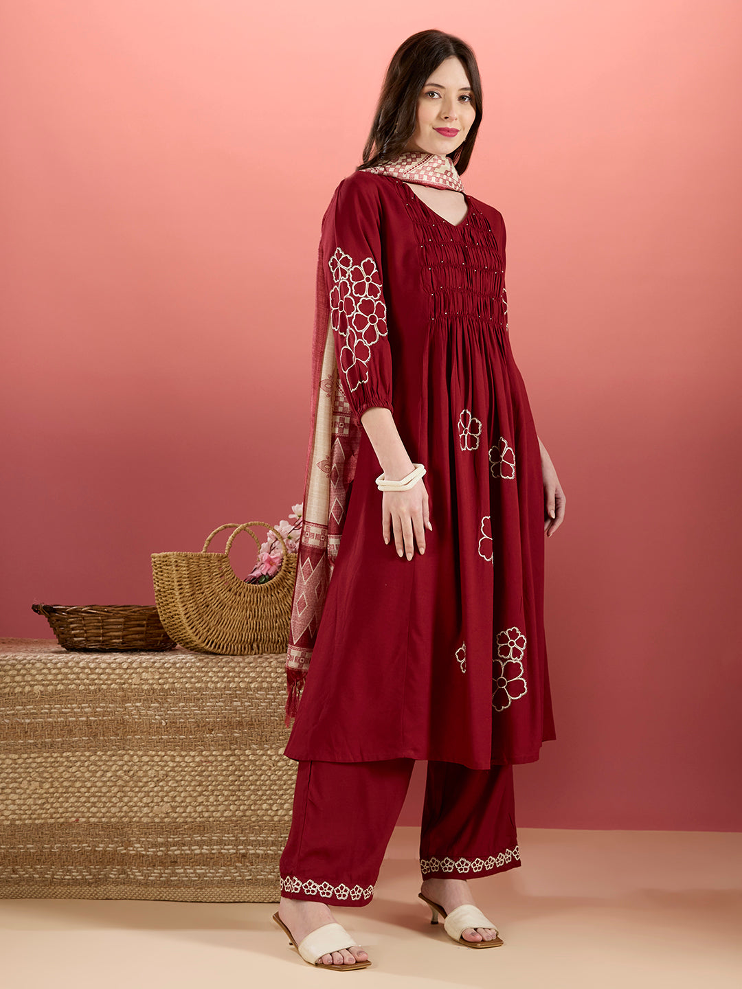 Floral Embroidered A-Line Pleated Kurta with Palazzo & Dupatta - Maroon