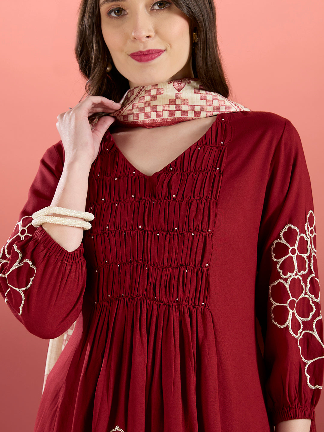 Floral Embroidered A-Line Pleated Kurta with Palazzo & Dupatta - Maroon