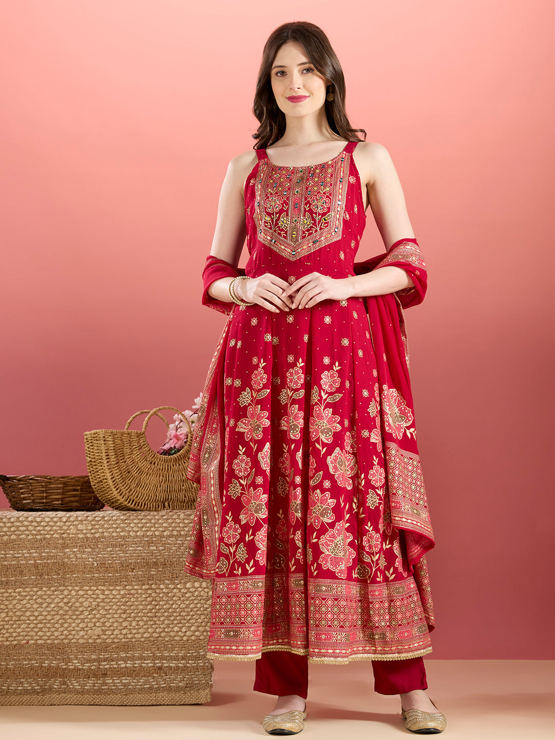 Festive Floral Printed Anarkali With Pant & Dupatta - Magenta