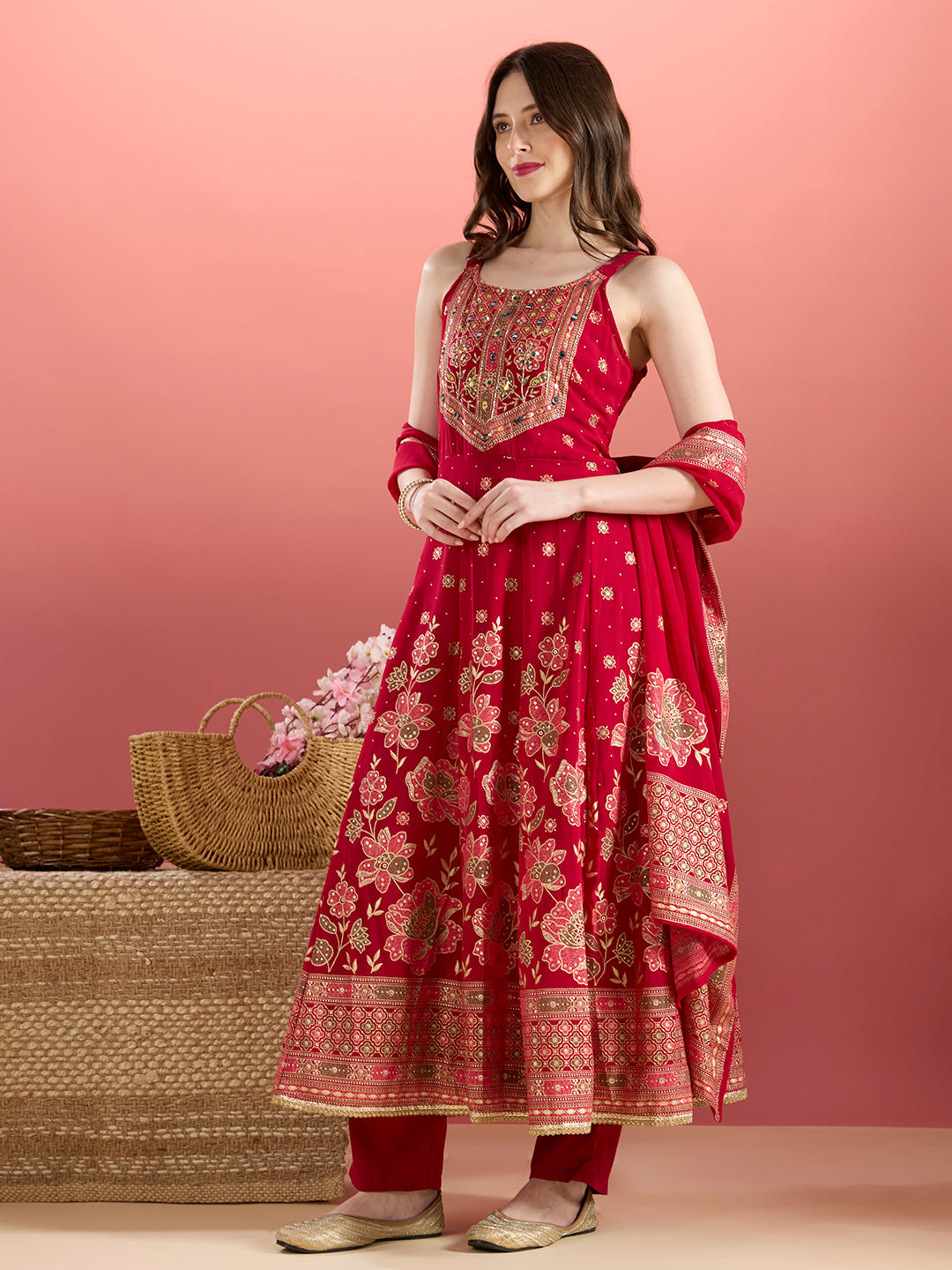 Festive Floral Printed Anarkali With Pant & Dupatta - Magenta