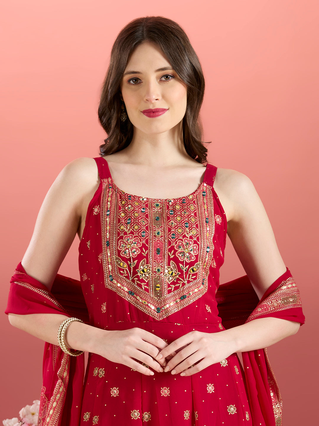 Festive Floral Printed Anarkali With Pant & Dupatta - Magenta
