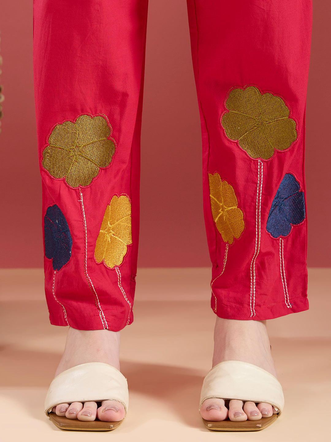 Solid Schiffli Floral Embroidered Straight Kurta with Pant & Dupatta - Rani