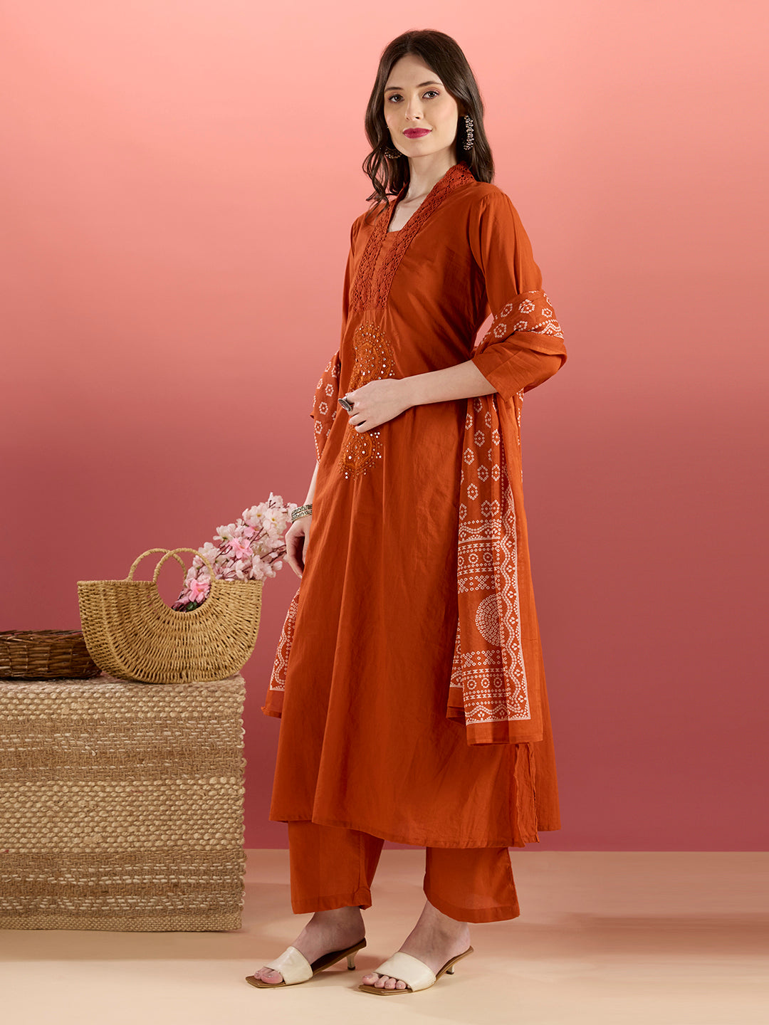 Solid Mirror Embroidered A-Line Kurta with Palazzo & Dupatta - Rust