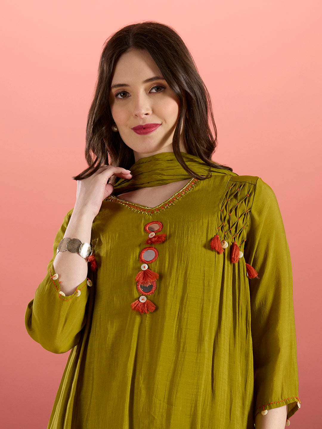 Solid Mirror Work A-Line Kurta with Palazzo with Winkled Dupatta - Green