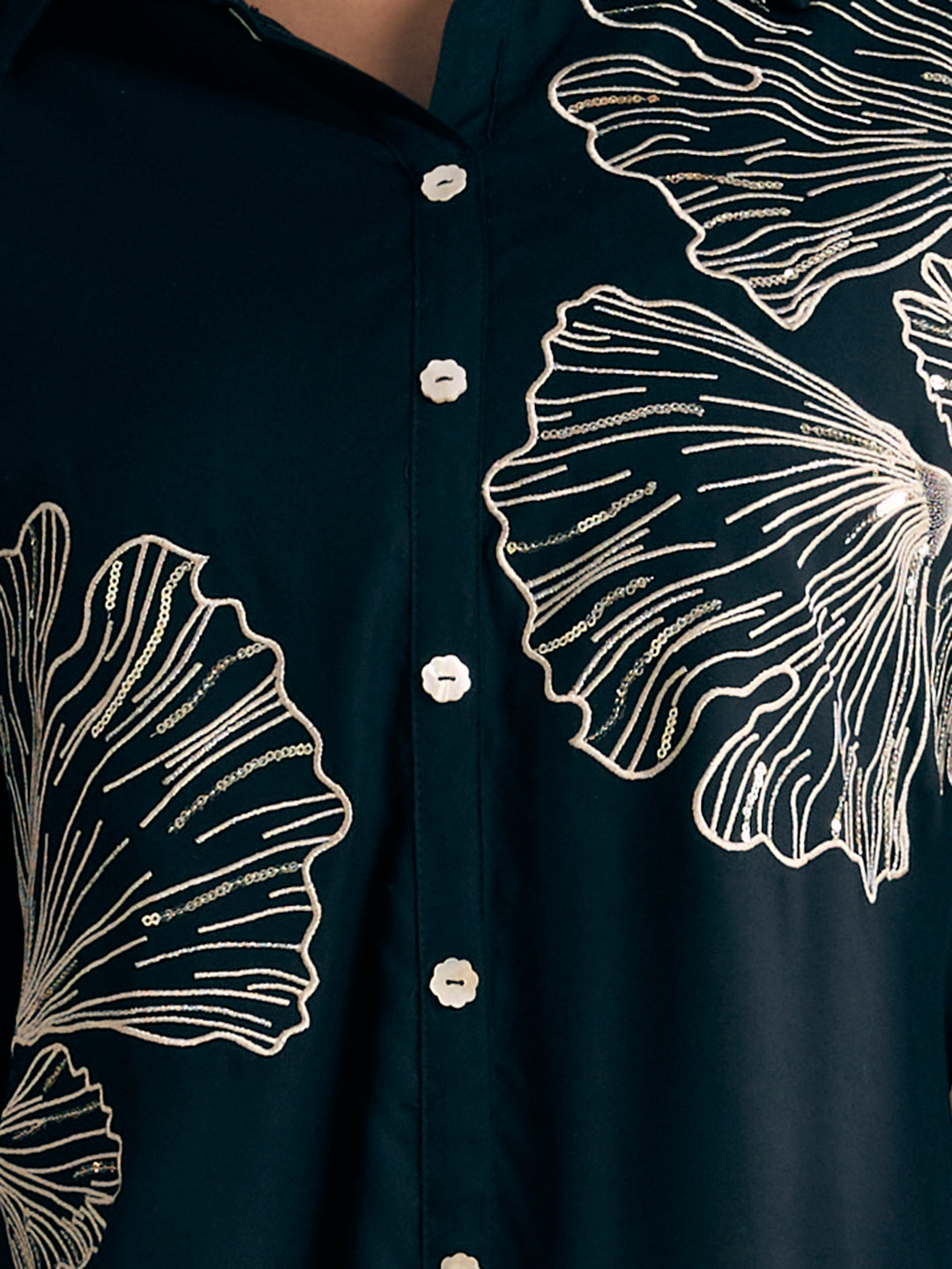 Solid Abstract Floral Embroidered Straight Fit Co-ord Set - Teal Blue