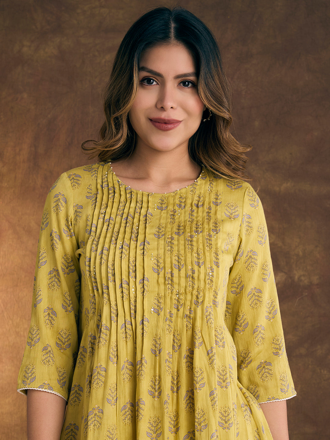 Ethnic Floral Printed Embroidered A-Line Pleated Kurta with Pant - Yellow