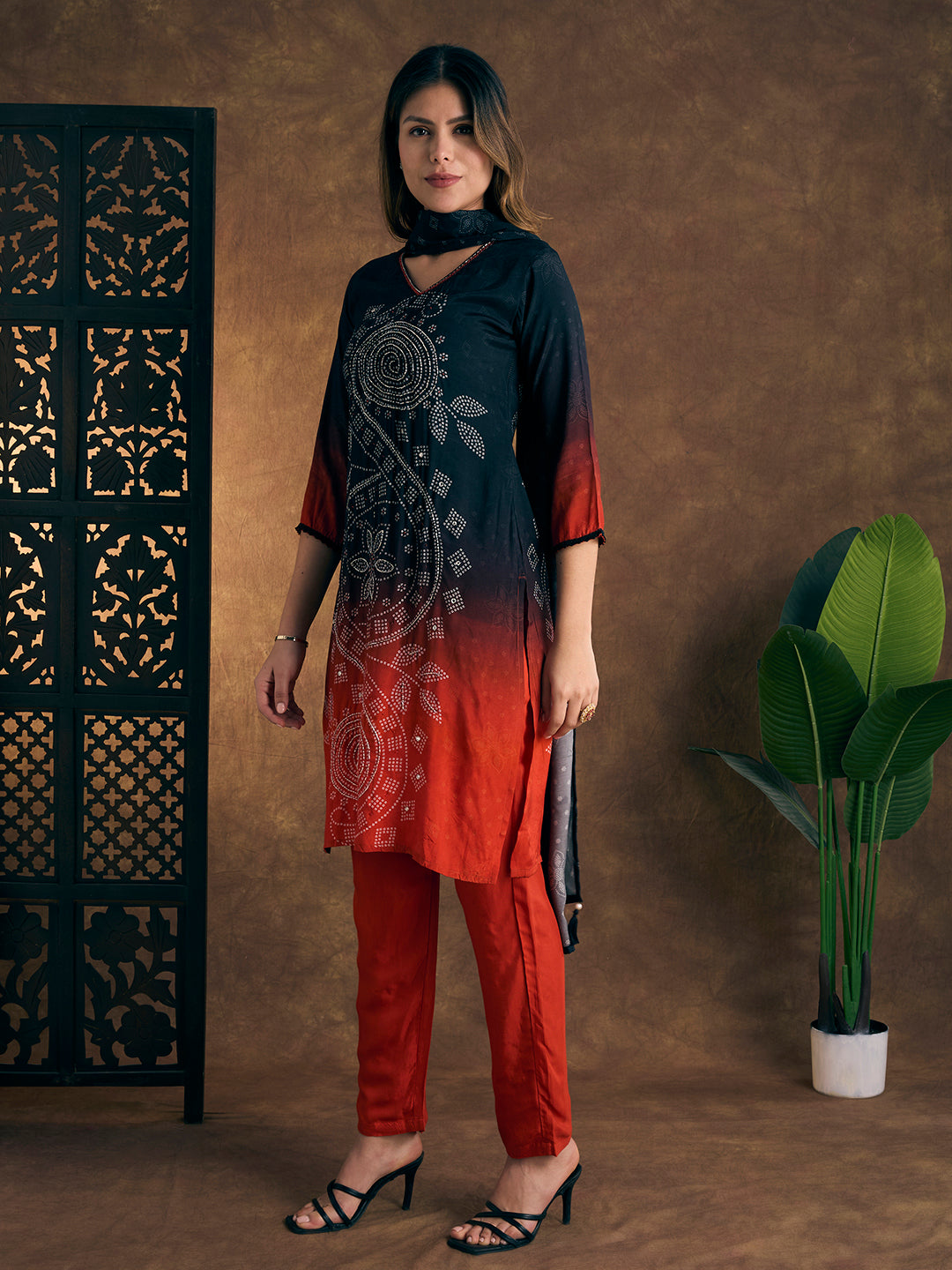 Bandhani Printed Hand Embroidered Straight Kurta with Pant and Dupatta - Black