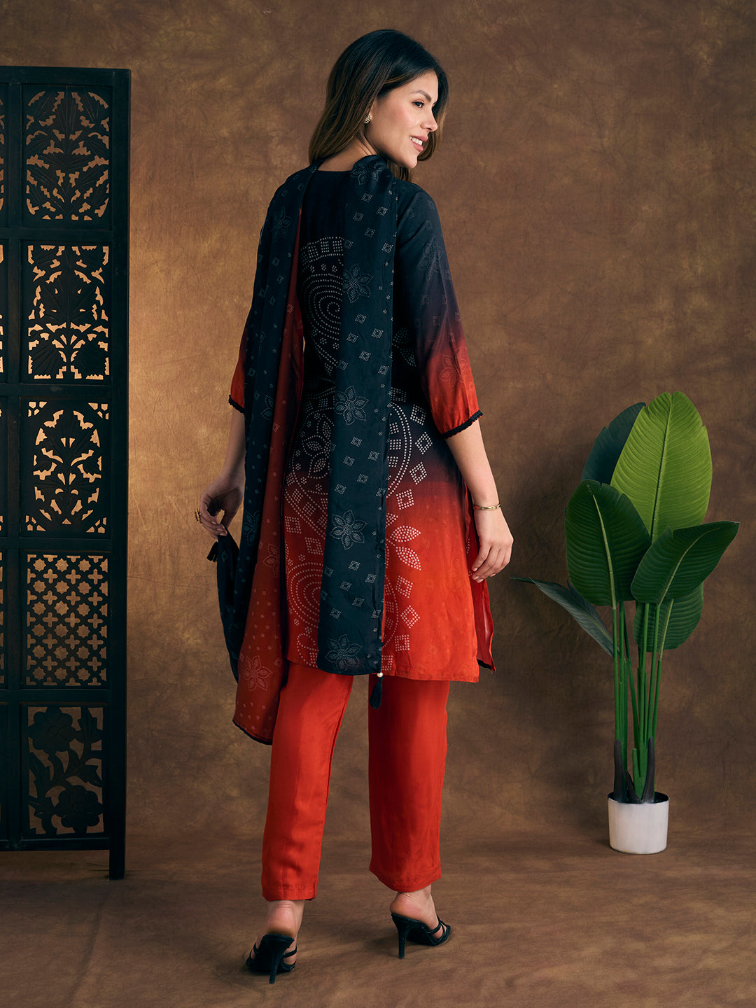 Bandhani Printed Hand Embroidered Straight Kurta with Pant and Dupatta - Black
