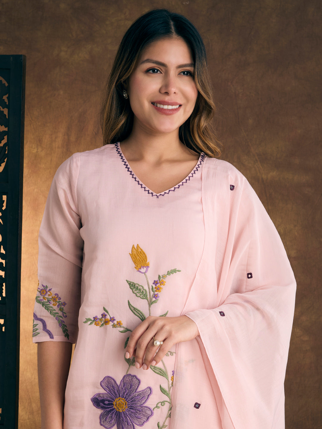 Solid Floral Threadwork A-Line Kurta with Pant & Dupatta - Pink