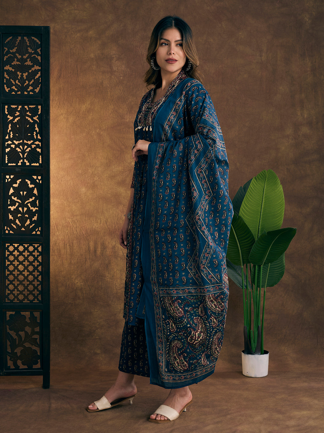 Ethnic Floral Printed Embroidered A-Line Kurta with Palazzo & Dupatta - Blue