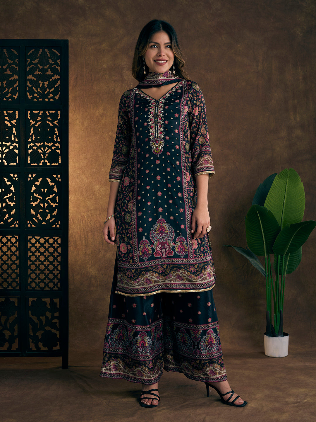 Ethnic Printed & Hand Embroidered Kurta with Sharara & Dupatta - Black
