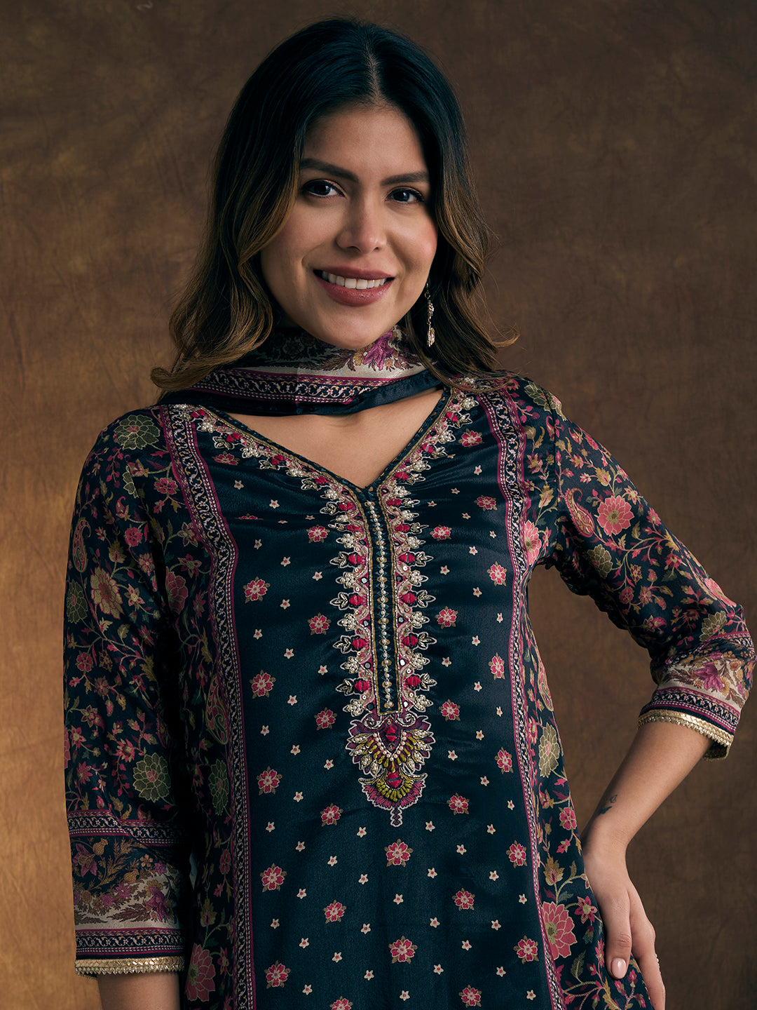 Ethnic Printed & Hand Embroidered Kurta with Sharara & Dupatta - Black