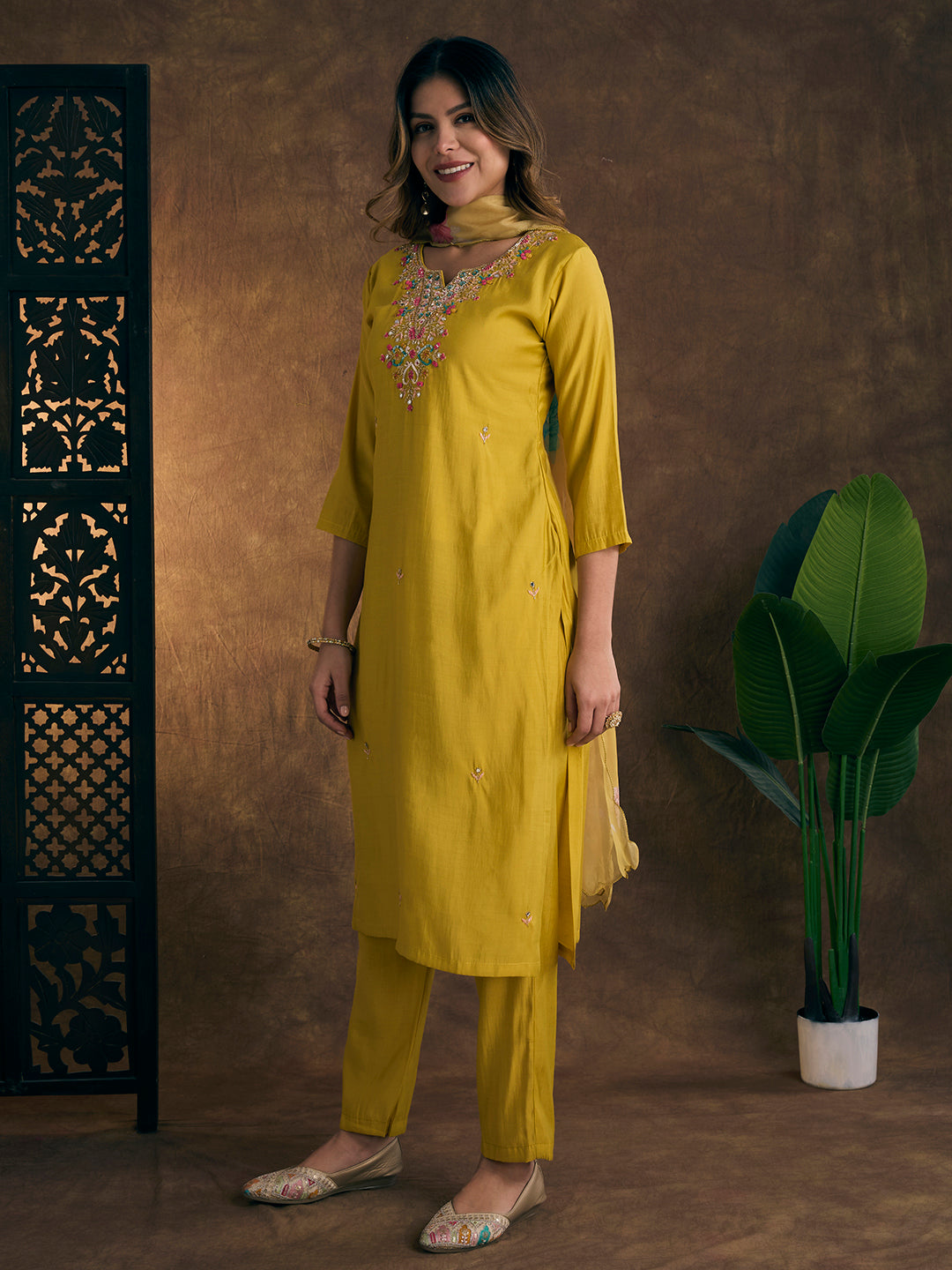 Solid Floral Embroidered Straight Kurta with Pant & Dupatta - Yellow