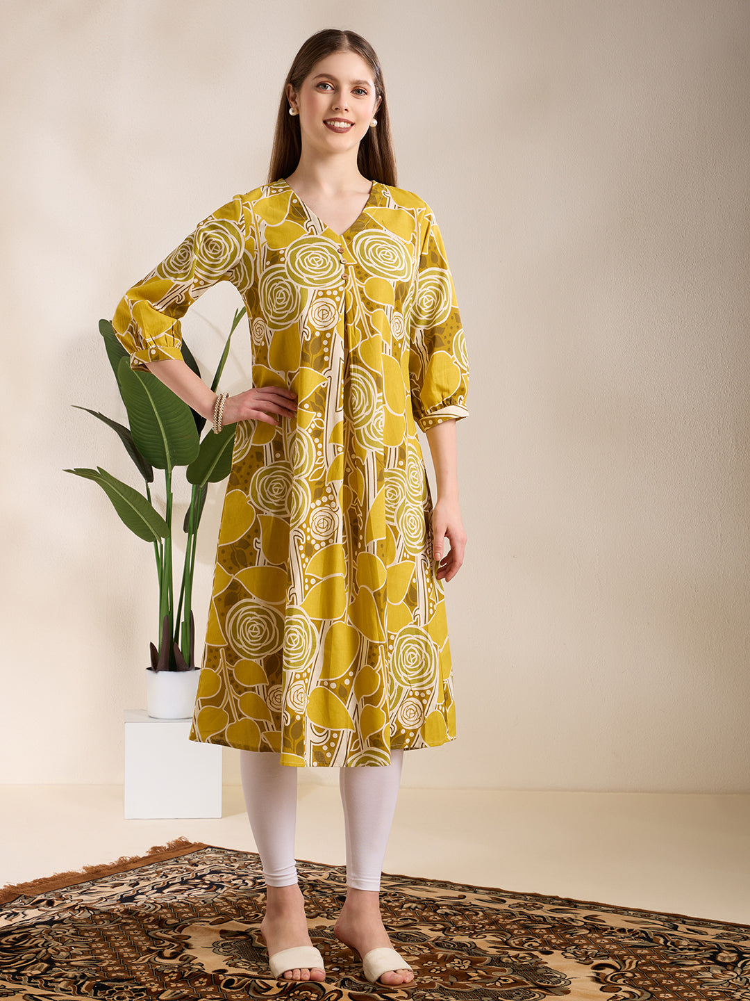 Abstract Floral Printed A-Line Kurta - Lime Green