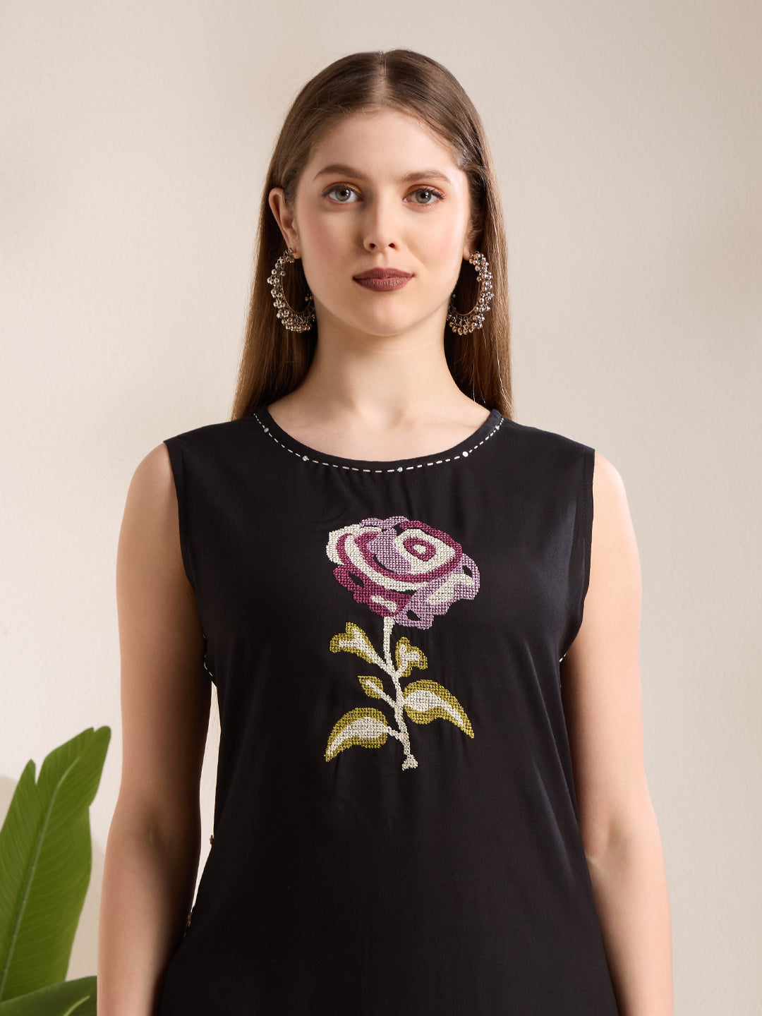 Solid Floral Embroidered Straight Fit Co-ord Set - Black